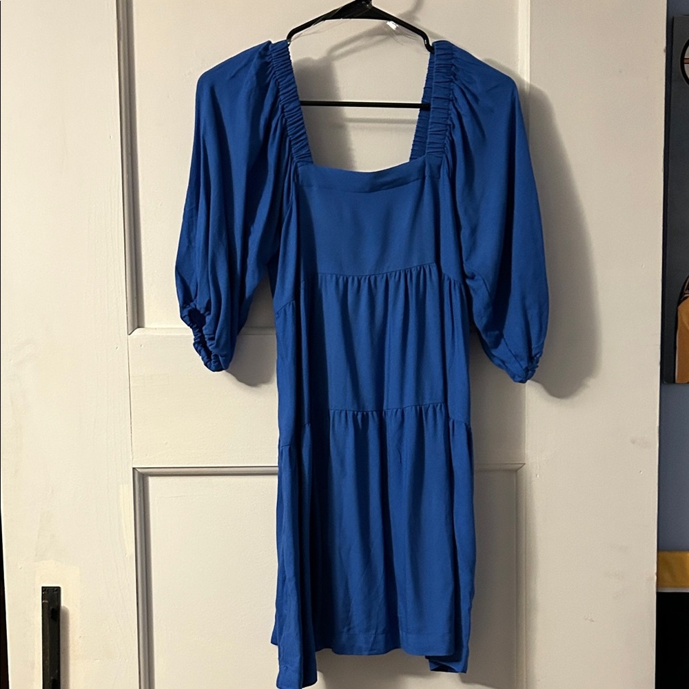 Elegant Blue Puff Sleeve Mini Dress